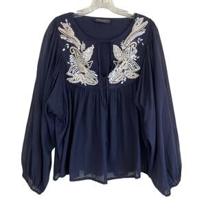 All Saints Sz 8 Dana Top Boho Beaded Peasanst Blouse Tie Neck Black Cream Cotton